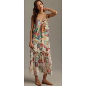 Anthropologie Chiffon Shift Midi Dress Floral Patchwork Ruffle Tiered Boho 1X